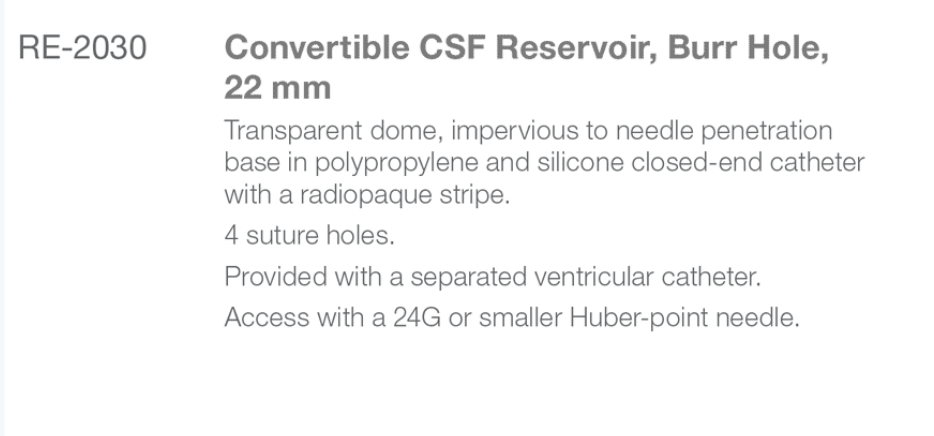 Re-2030 Burr Hole Type Convertible Reservoir spec from Rycol Medical in Ireland