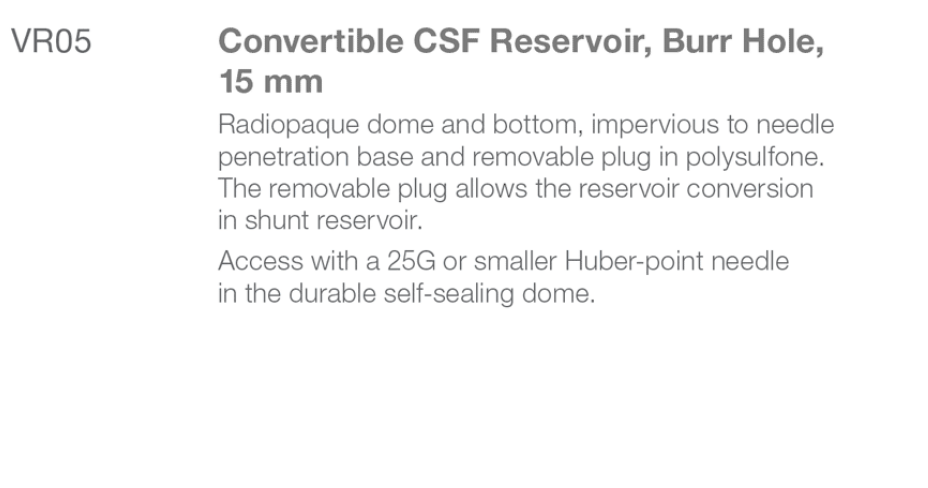 VR05 Burr Hole Type Convertible Reservoir spec from Rycol Medical in Ireland