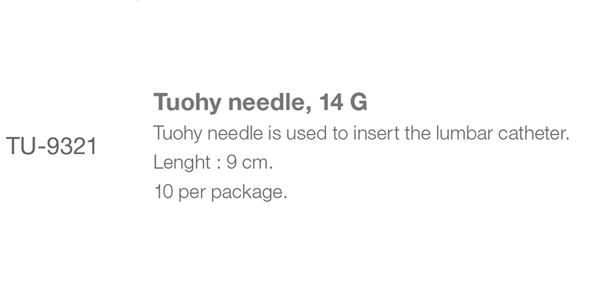 TU 9321 Tuohy Needle  product spec  from Rycol Medical in Ireland