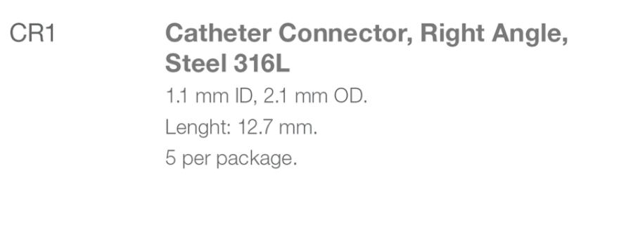 CR1  Right Angle 2 Way Tuohy Needle Connector spec  from Rycol in Ireland