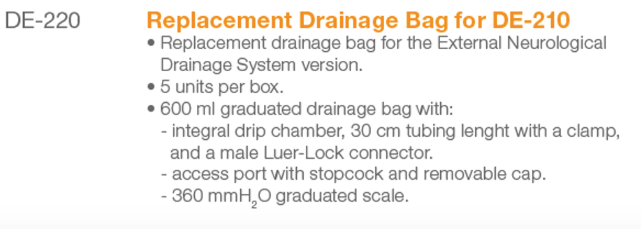 DE-220 External CSF Drainage System spec from Rycol Medical in Ireland